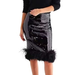 Black Sequin Feather Trim PullOn Stretch Midi Skirt Christmas NYE XS Fits 4/6